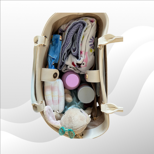 stylish beige mummy bag, diaper bag, hospital bag, baby bag, nappy bag, tote bag